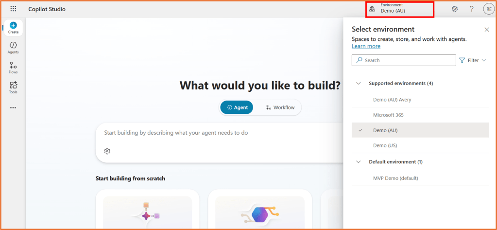 Screenshot of Copilot Studio interface, displaying options to create and manage agents, with a focus on selecting the environment labelled 'Demo (AU)'.