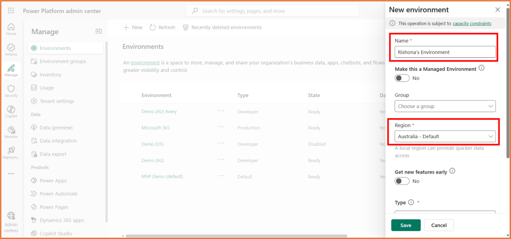 Screenshot of the Power Platform admin centre showing the 'New environment' setup. The fields for 'Name', 'Group', 'Region', and 'Type' are displayed, with 'Rishona's Environment' as the environment name and 'Australia - Default' selected for the region.