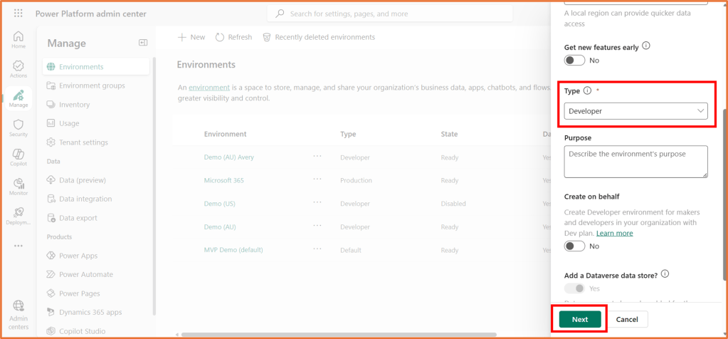 Screenshot of the Power Platform admin centre, showing the 'Manage' section with 'Environments' selected. The right panel displays options for creating a new environment, including fields for 'Type', 'Purpose', and 'Data store' options.