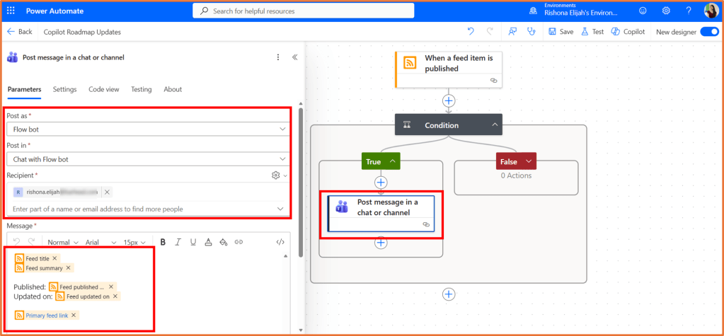 Screenshot of the Power Automate interface showing a configuration for posting messages in a chat or channel. Parameters highlighted include 'Post as', 'Post in', 'Recipient', and a message section with placeholders for feed title, published date, updated date, and primary feed link.