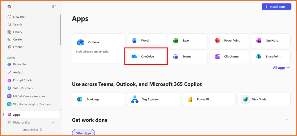 Screenshot of the Apps section in a Microsoft application interface, highlighting OneDrive among other apps like Outlook, Word, and Excel.
