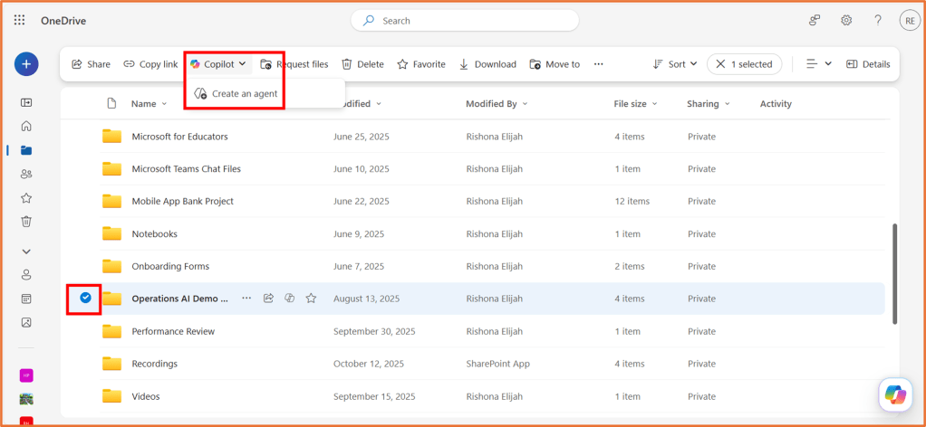 Screenshot of OneDrive interface showing various folders and files, including the 'Operations AI Demo' folder highlighted, with options for sharing, downloading, and managing files at the top.