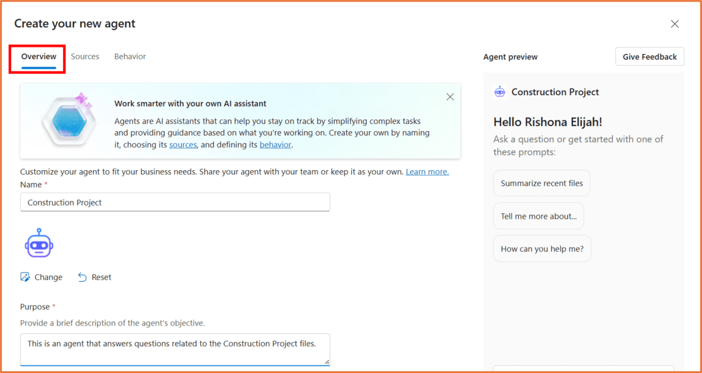 Screenshot of the 'Create your new agent' interface, displaying the overview section with options for customizing an AI assistant for a construction project.