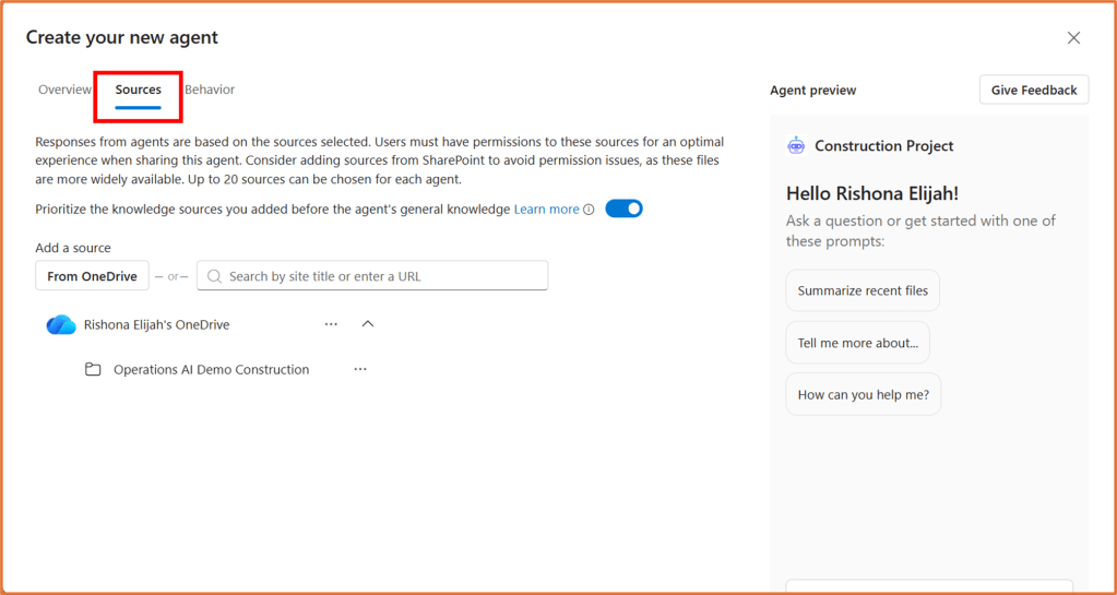 Screenshot of a user interface for creating a new agent, highlighting the 'Sources' tab and options to add sources from OneDrive, with prompts for user interaction on the right side.