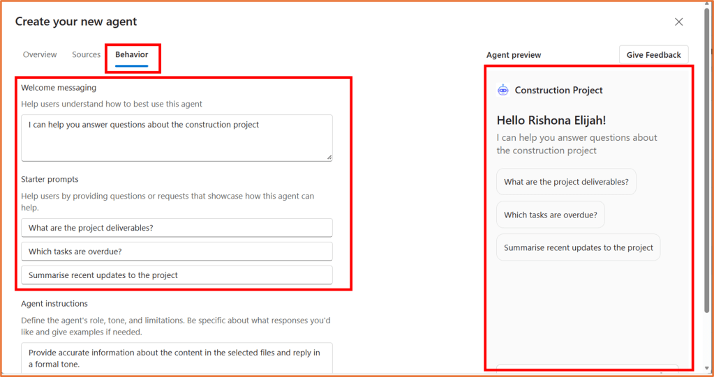 Screenshot of a user interface for creating a new agent, featuring sections for 'Welcome messaging', 'Starter prompts', and 'Agent instructions' related to a construction project.