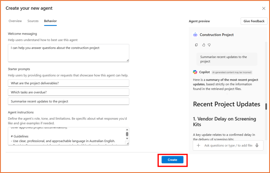 Screenshot of an interface for creating a new agent, featuring sections for welcome messaging, starter prompts, agent instructions, and a 'Create' button. The interface showcases a project management tool with a focus on construction project updates.