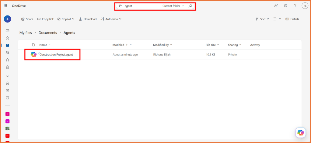 Screenshot of OneDrive interface showing the 'Agents' folder with a file named 'Construction Project.agent' highlighted. The search bar at the top displays 'agent' with options for sorting and details.