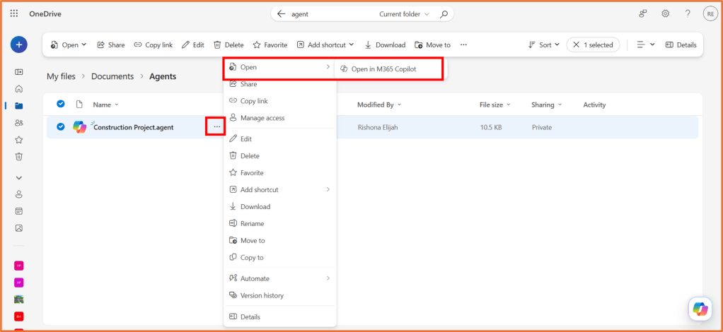 Screenshot of OneDrive interface showing the 'Agents' folder with a selected file named 'Construction Project.agent' and options to open, share, or manage access.