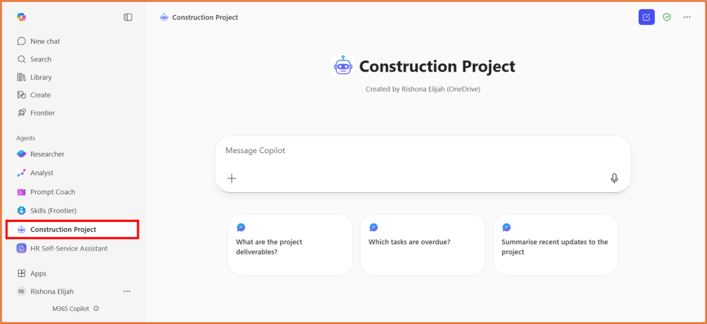 Screenshot of a user interface for a construction project management tool, featuring a message input area and queries related to project deliverables, overdue tasks, and updates.