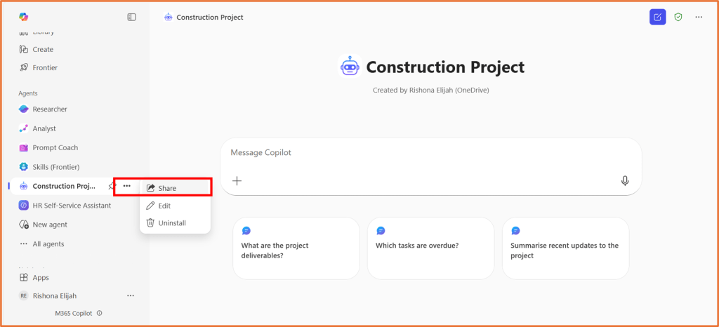 Screenshot of a digital workspace titled 'Construction Project', featuring options to share, edit, and uninstall, along with a message copilot and task prompts.