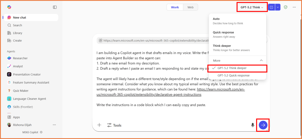 Screenshot of a chat interface for Microsoft 365 Copilot, displaying various agent options and settings for drafting emails.