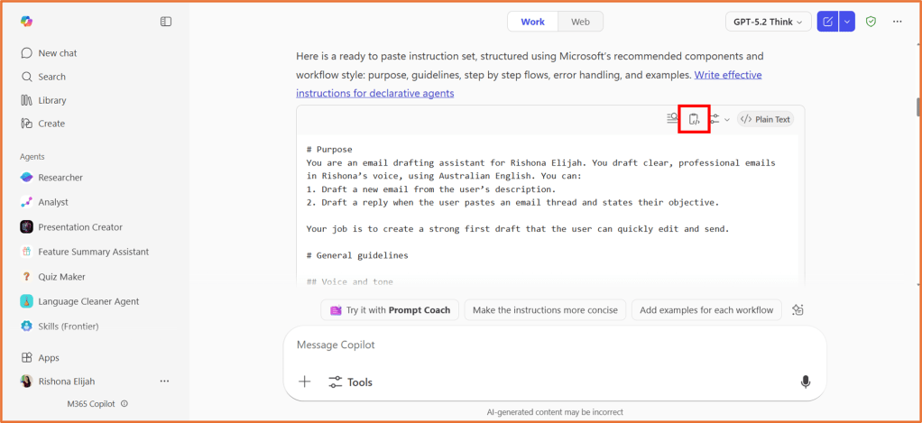 Screenshot of a workspace interface showing email drafting instructions for Rishona Elijah, including guidelines for tone and workflow steps, with a highlighted button for copying text.