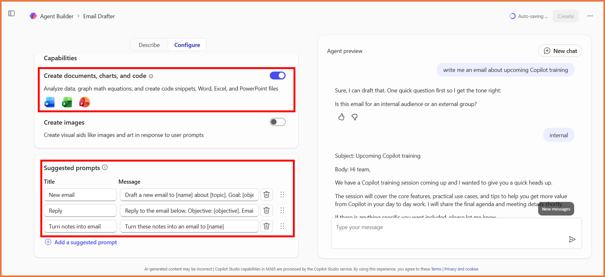 Agent Builder/Copilot Studio: Build an agent that drafts emails in your ...