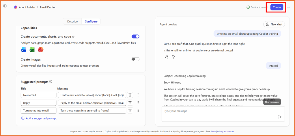 Screenshot of an email drafting tool interface showing capabilities such as creating documents and charts, along with suggested prompts for drafting new emails, replies, and notes.