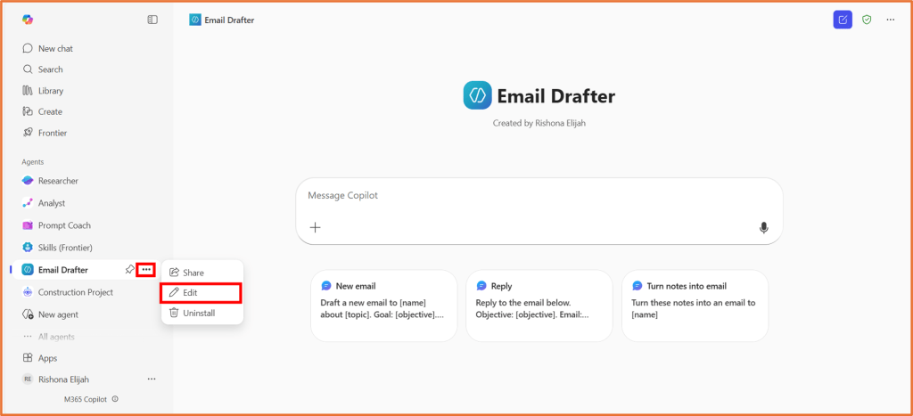 Screenshot of the Email Drafter interface, displaying options to edit, share, and uninstall. Features include a message input area and buttons for drafting new emails, replying, and turning notes into emails.