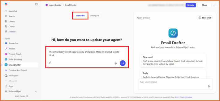 Agent Builder/Copilot Studio: Build an agent that drafts emails in your ...