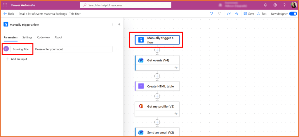 Screenshot of the Power Automate interface showing the 'Manually trigger a flow' option, with 'Booking Title' input field highlighted.
