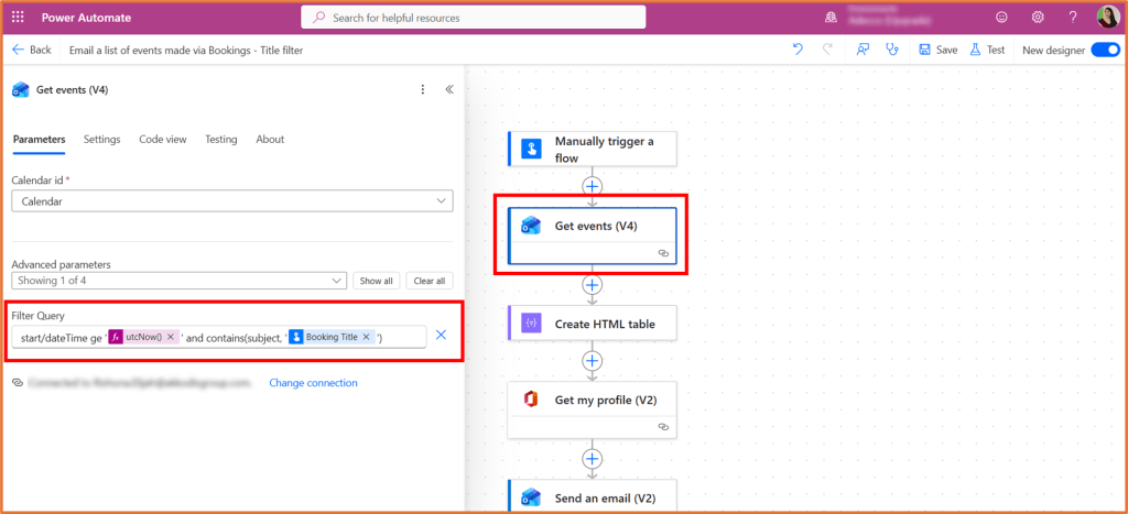 Screenshot of Microsoft Power Automate interface showing parameters for 'Get events (V4)' action, including calendar selection and filter query.