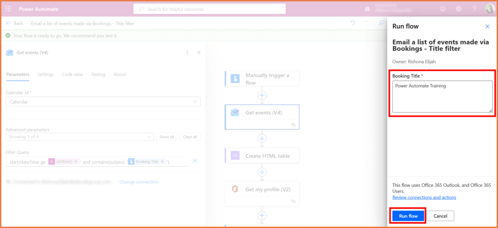 Screenshot of Microsoft Power Automate interface showing the process for emailing a list of events made via Bookings, including parameters for filtering events by title.