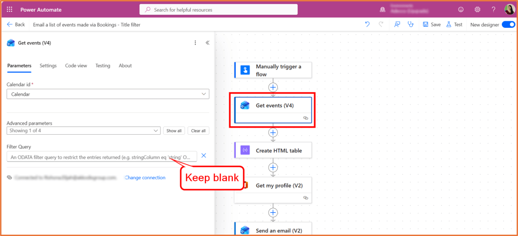 Screenshot of Microsoft Power Automate interface showing the 'Get events (V4)' action with parameters for calendar ID and a blank filter query.