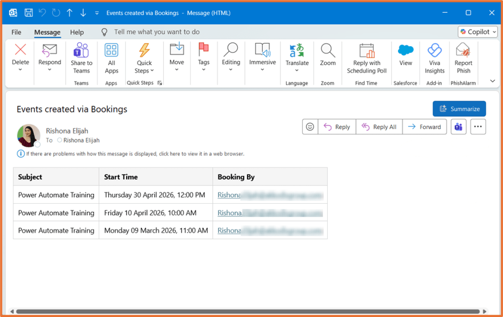 Email interface displaying events created via Bookings, including details of Power Automate Training sessions with dates, times, and the person booking.