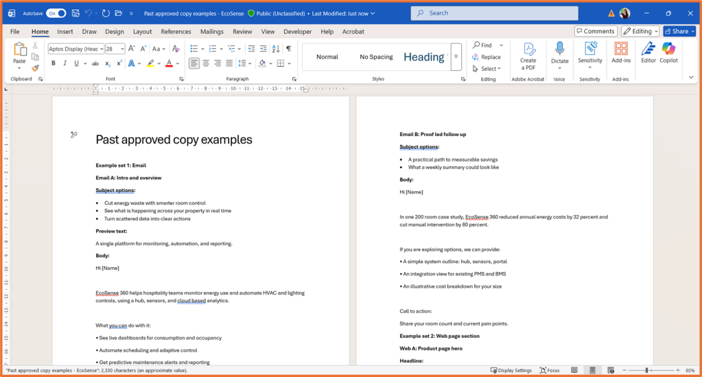 Screenshot of a Microsoft Word document displaying past approved copy examples for email communication, including subject options and body text.