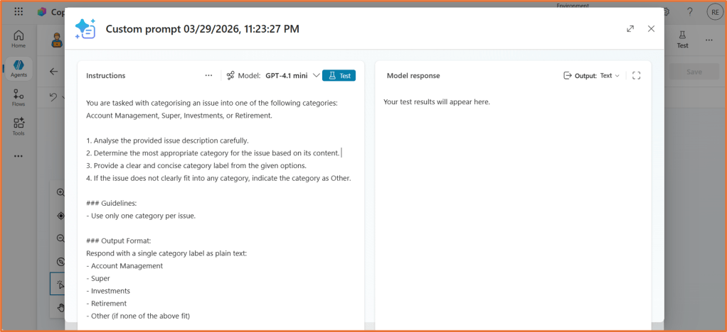 Screenshot of a software interface displaying a custom prompt with instructions for categorising issues into four categories: Account Management, Super, Investments, or Retirement.