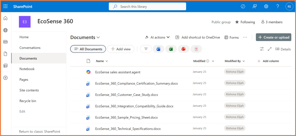 Screenshot of SharePoint interface featuring the EcoSense 360 group, displaying a list of documents with modification dates and user details.