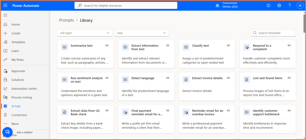 Screenshot of the Power Automate interface showing the 'Library' section with various task prompts, including options like 'Summarize text', 'Extract information from text', and 'Run sentiment analysis on text'.