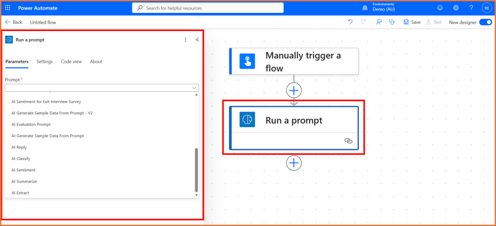 Screenshot of the Power Automate interface displaying the 'Run a prompt' feature with various parameter options, including AI prompts for surveys and data generation.