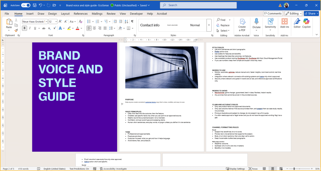Screenshot of a document titled 'Brand Voice and Style Guide' featuring a purple left section with large text and a right section with text detailing guidelines and rules.