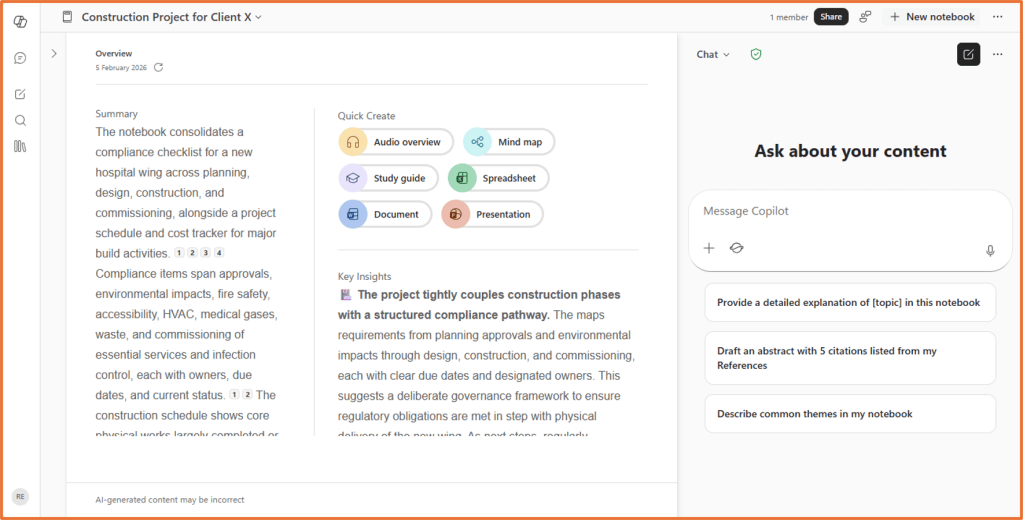 Screenshot of a Notebook titled "Construction Project for Client X"