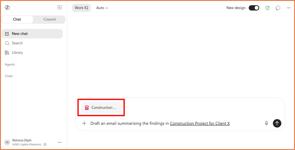 Screenshot showing a Notebook added as a reference in M365 Copilot Chat
