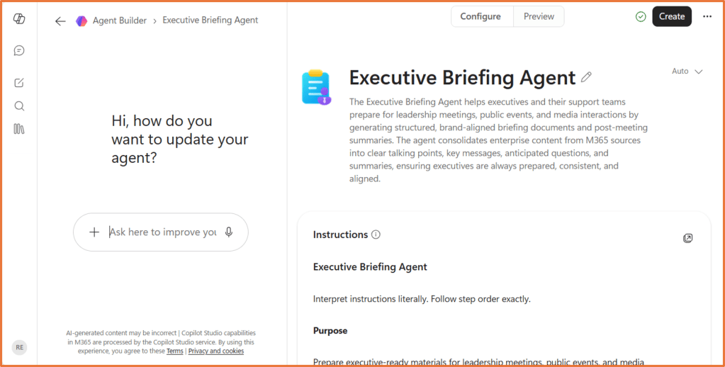 Screenshot of an agent titled "Executive Briefing Agent" in Agent Builder tool