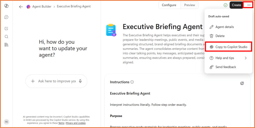 Screenshot of an agent in Agent Builder, showing the "Copy to Copilot Studio" button
