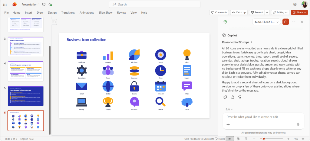 Screenshot of Copilot in PowerPoint: generated icons on a slide
