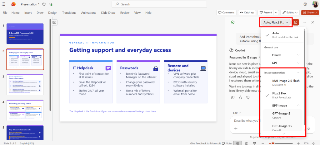 Screenshot of Copilot in PowerPoint: Image generation models