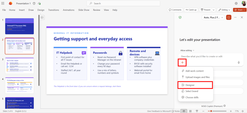 Screenshot of Copilot in PowerPoint: Enabling Designer