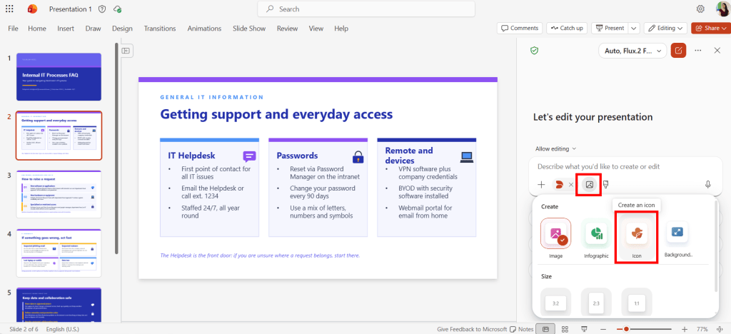 Screenshot of Copilot in PowerPoint: Select Icon option