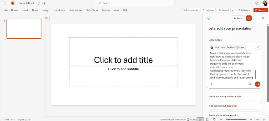 Screenshot of Copilot in PowerPoint: prompt with an Excel file attached