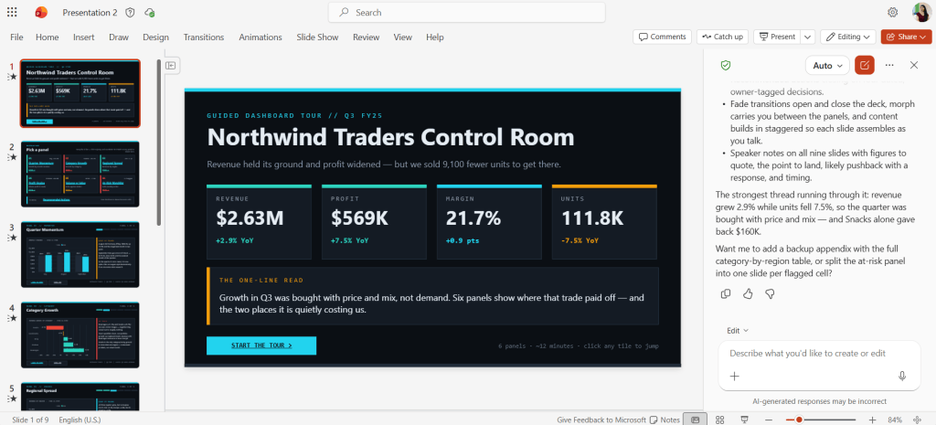 Screenshot of Copilot in PowerPoint: Generated intro slide
