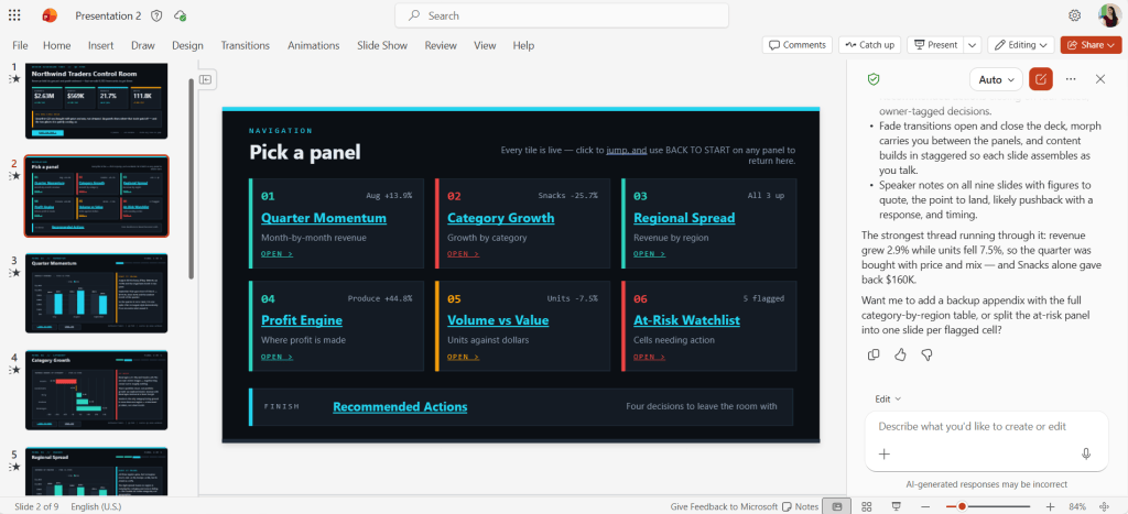 Screenshot of Copilot in PowerPoint: Generated navigation slide