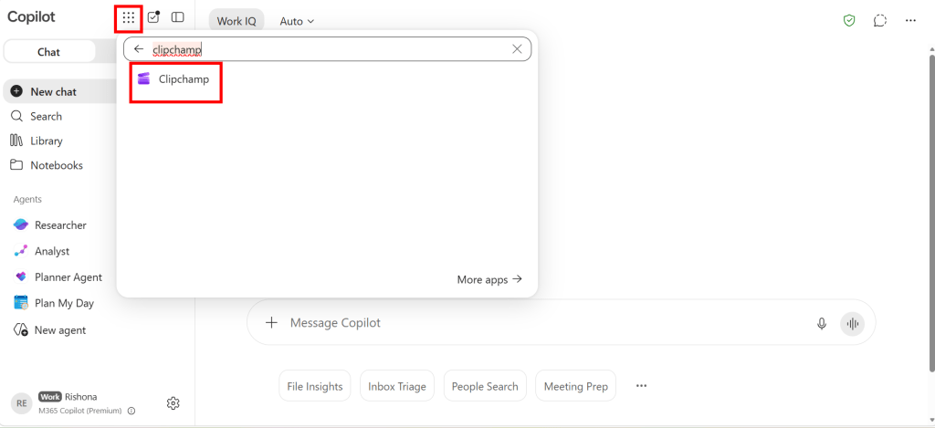 Screenshot of M365 Copilot Chat: Launch Clipchamp app