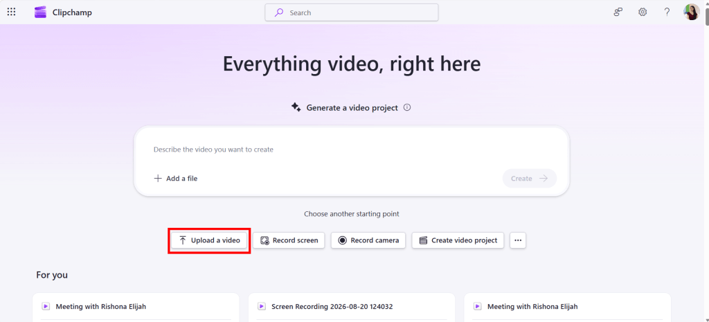 Screenshot of Clipchamp: upload video