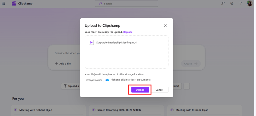 Screenshot of Clipchamp: select video to upload