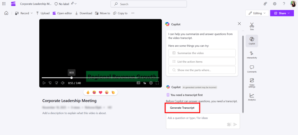 Screenshot of Clipchamp: Generate transcript on video