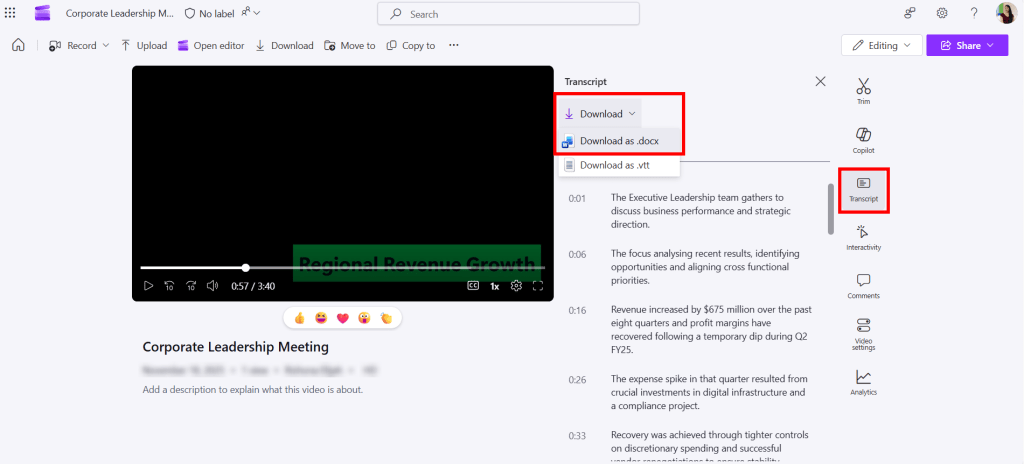 Screenshot of Clipchamp: download the transcript document