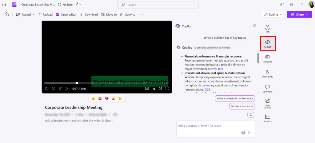 Screenshot of Clipchamp: Copilot button