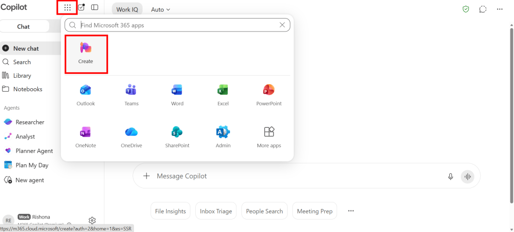 Screenshot of M365 Copilot Chat: Launch Create app