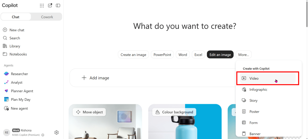 Screenshot of Create in M365 Copilot: Create video